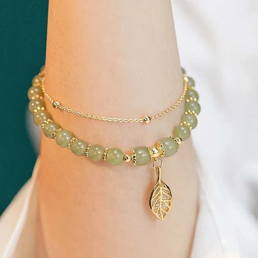 2026Chinese Style Green Jade Bracelet For Women Exquisite Gold Color Leaves Wrist Strap Bangle Double Chain Bracelet Girls Gifts GLOBGRIP®