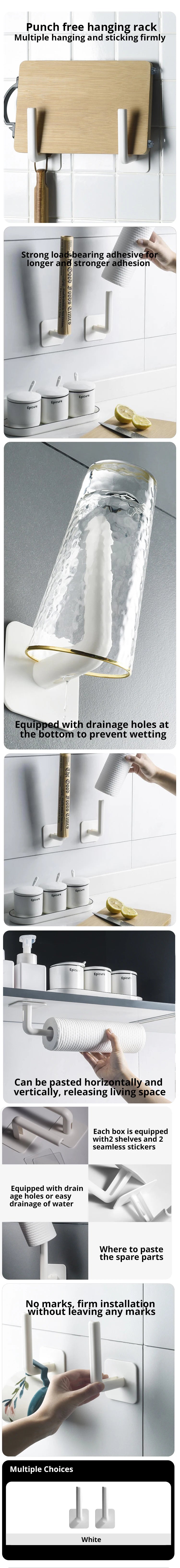 2PCS White Kitchen Hole Free Hook Traceless Storage Rack Shelf Shelves Pot Cover Cup Rack Kitchen Storage Holder GLOBGRIP®