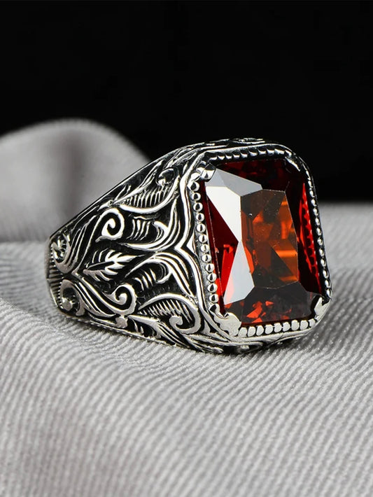 Vintage Handmade Turkish Signet Ring For Men Women Ancient Silver Color Carved Ring Red Yellow Zircon Inlay Punk Motor Biker GLOBGRIP®