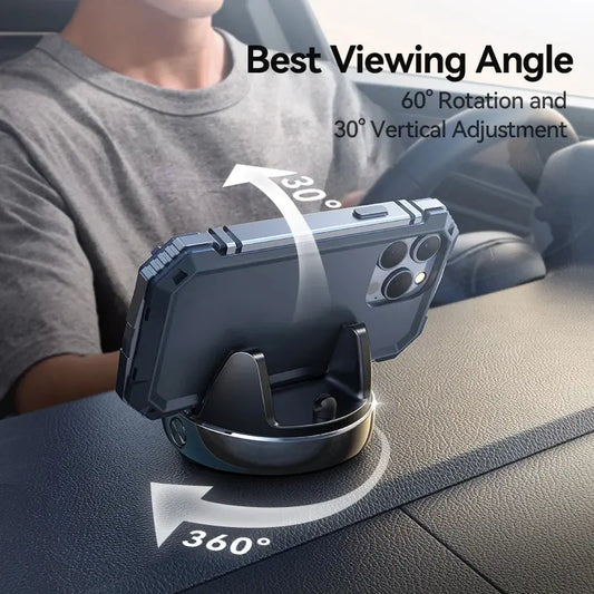 GLOBGRIP 360 degree phone holder mounted on car dashboard with adjustable 60 degree rotation and 30 degree vertical tilt