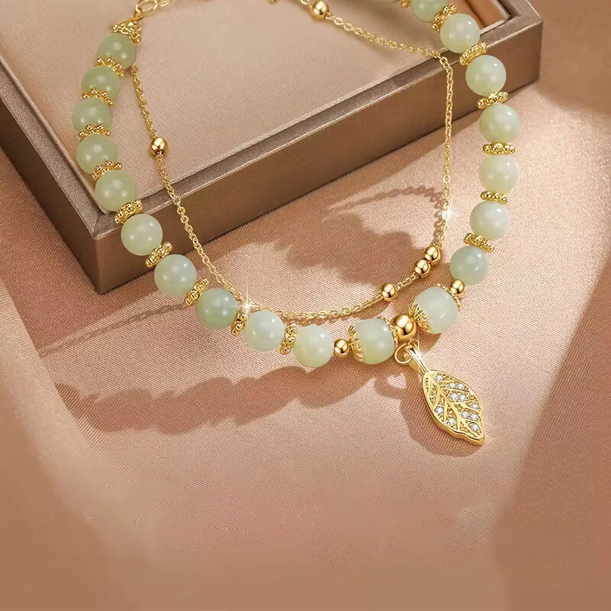 2026Chinese Style Green Jade Bracelet For Women Exquisite Gold Color Leaves Wrist Strap Bangle Double Chain Bracelet Girls Gifts - GLOBGRIP®