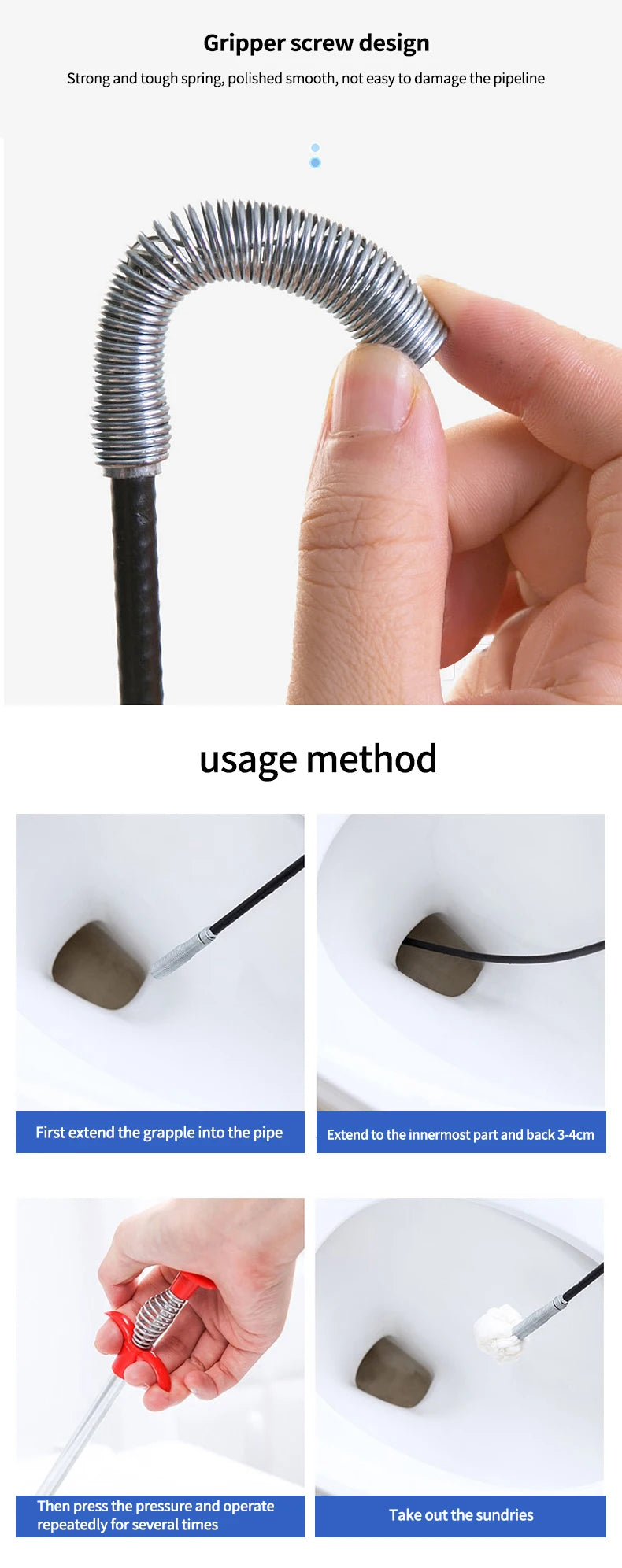 60cm Spring Pipe Dredging Tools, Drain Snake, Drain Cleaner Sticks Clog Remover Cleaning Household for Kitchen Bending Sink Tool GLOBGRIP®