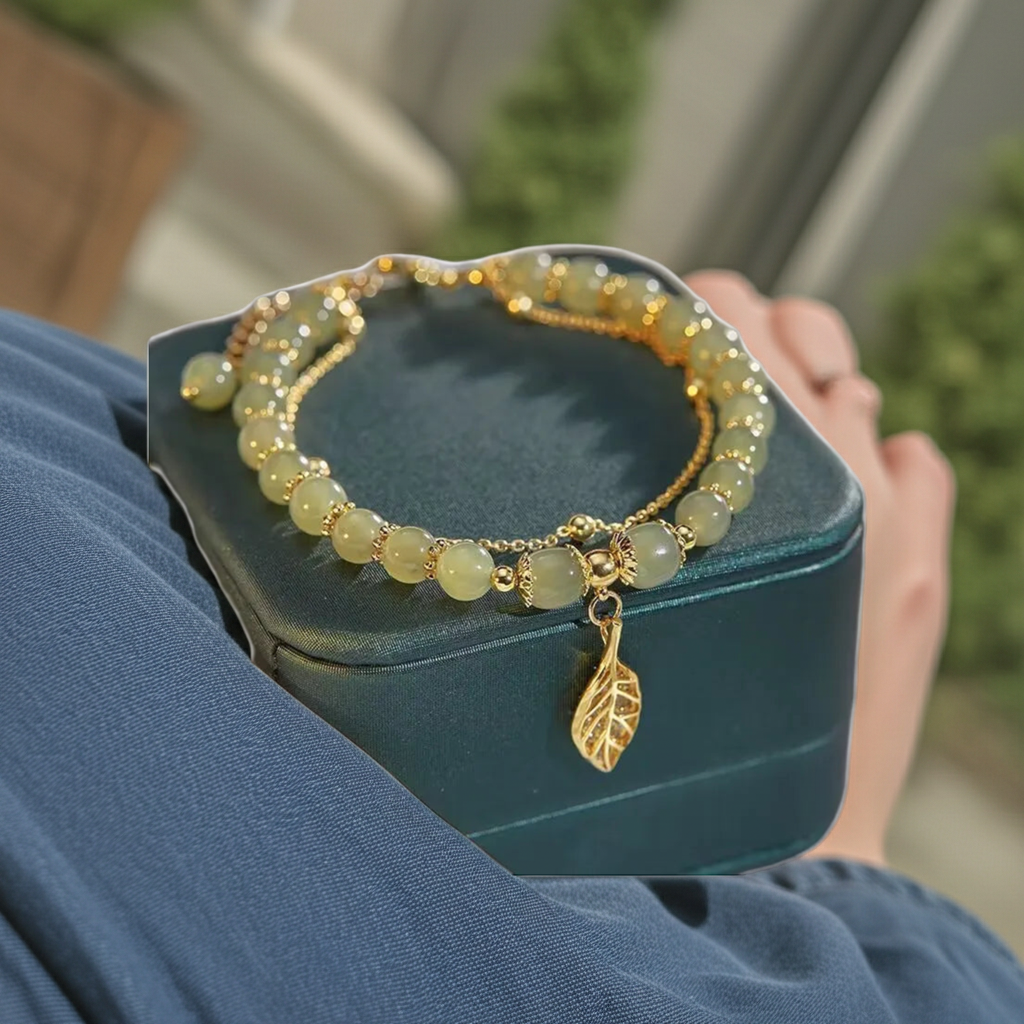 2026Chinese Style Green Jade Bracelet For Women Exquisite Gold Color Leaves Wrist Strap Bangle Double Chain Bracelet Girls Gifts - GLOBGRIP®