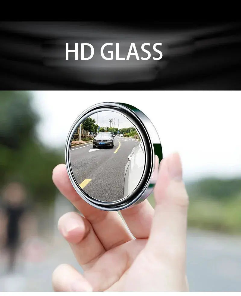 GLOBGRIP HD glass round blind spot mirror showing clear road view in a hand