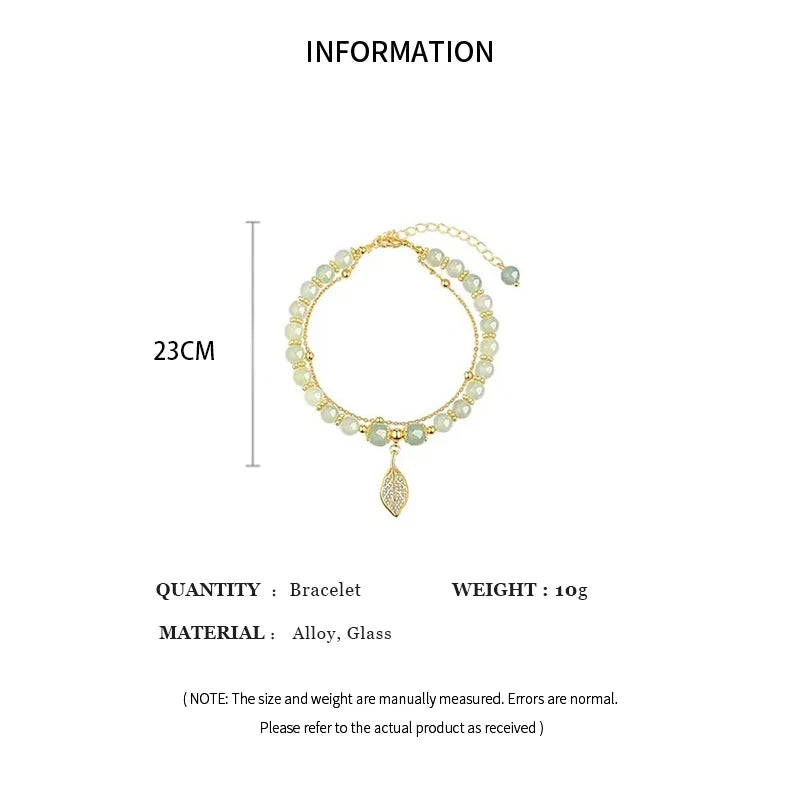2026Chinese Style Green Jade Bracelet For Women Exquisite Gold Color Leaves Wrist Strap Bangle Double Chain Bracelet Girls Gifts GLOBGRIP®