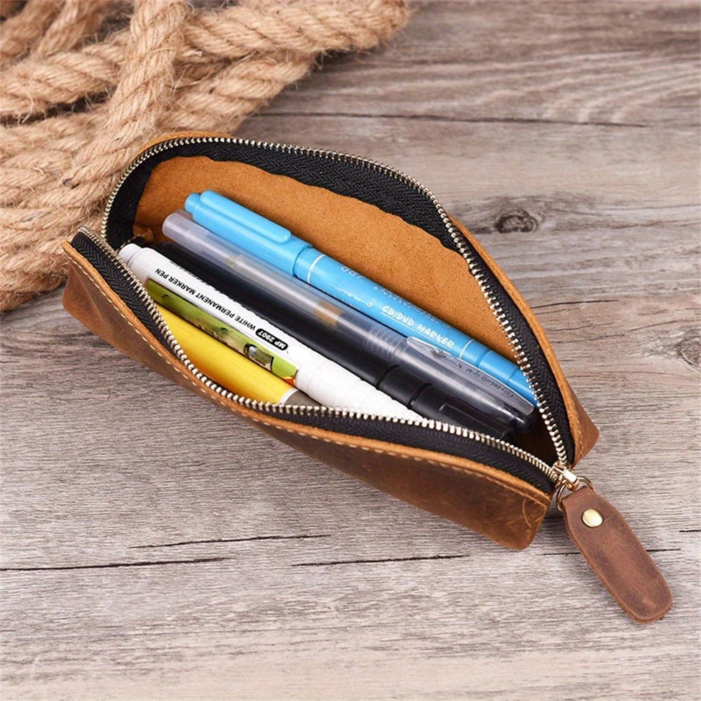 Vintage Leather Pencil Bag Simple Stationery Hoder Pen Case Storage Bag Zipper Pencil Pouch Glasses Box School Supplies GLOBGRIP®