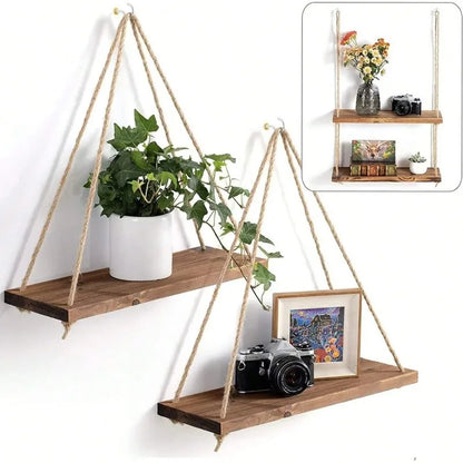 1PC Wooden Swing Hanging Hemp Rope Wall Shelve Mounted Floating Home Living Room Plant Flower Pot Tray Storage Garden Decoration GLOBGRIP®