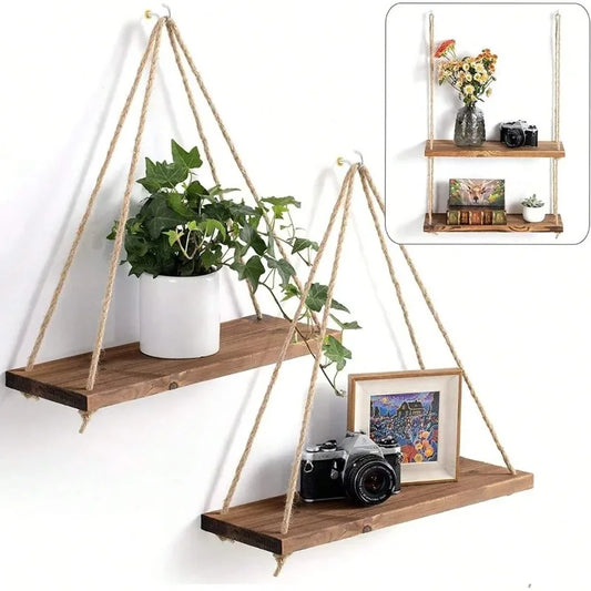 1PC Wooden Swing Hanging Hemp Rope Wall Shelve Mounted Floating Home Living Room Plant Flower Pot Tray Storage Garden Decoration GLOBGRIP®