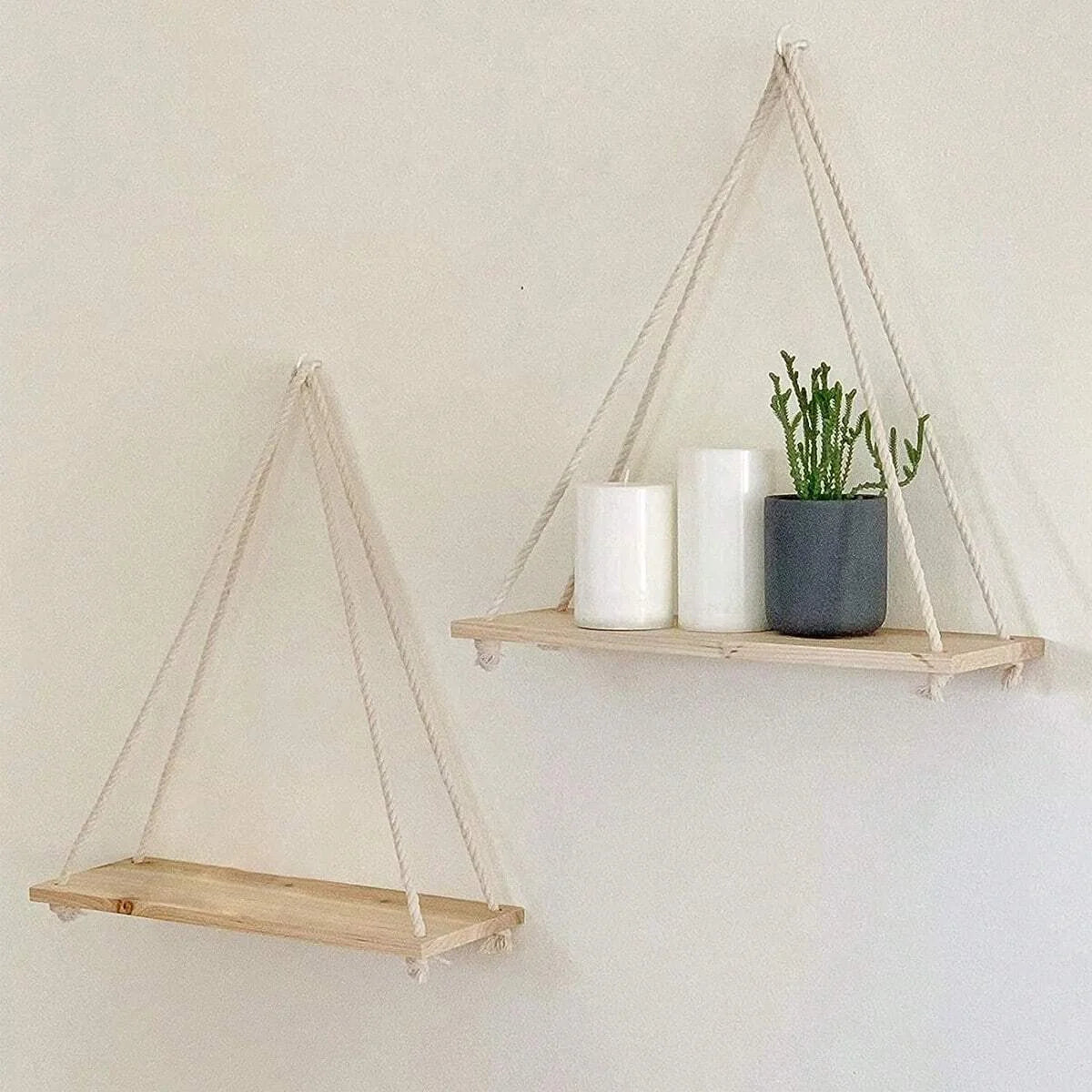 Wooden Swing Hanging Hemp Rope Wall Shelve Mounted Floating Home Living Room Plant Flower Pot Tray Storage Garden Decoration GLOBGRIP®