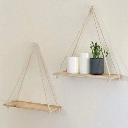 Wooden Swing Hanging Hemp Rope Wall Shelve Mounted Floating Home Living Room Plant Flower Pot Tray Storage Garden Decoration GLOBGRIP®