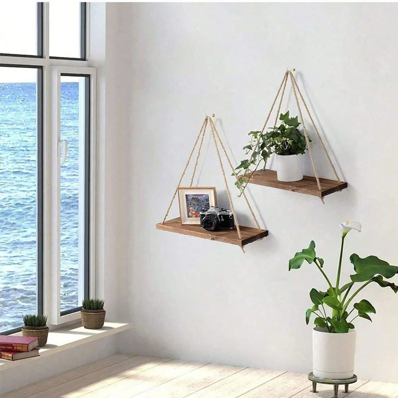 Wooden Swing Hanging Hemp Rope Wall Shelve Mounted Floating Home Living Room Plant Flower Pot Tray Storage Garden Decoration GLOBGRIP®