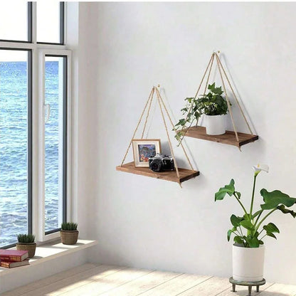 Wooden Swing Hanging Hemp Rope Wall Shelve Mounted Floating Home Living Room Plant Flower Pot Tray Storage Garden Decoration GLOBGRIP®