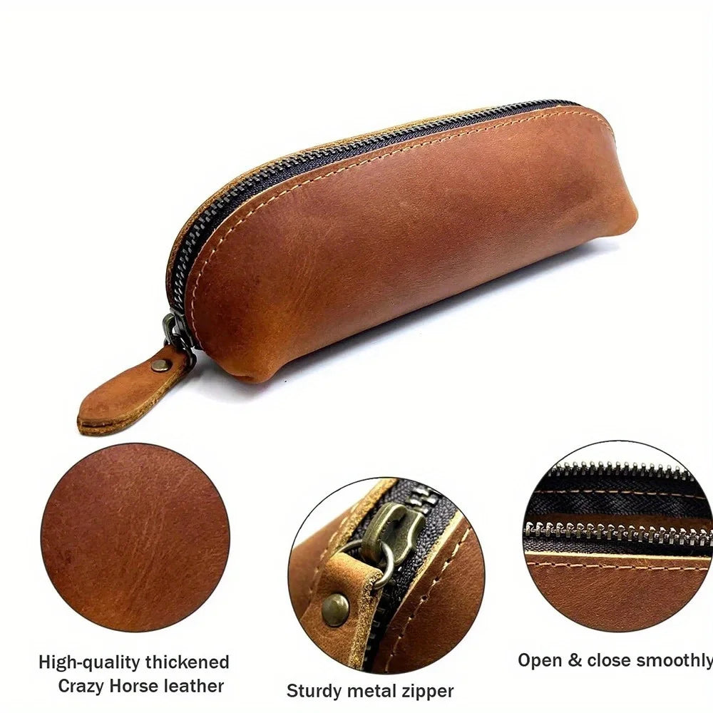 Vintage Leather Pencil Bag Simple Stationery Hoder Pen Case Storage Bag Zipper Pencil Pouch Glasses Box School Supplies GLOBGRIP®