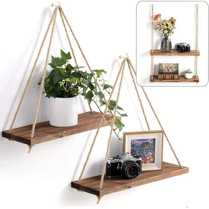 Wooden Swing Hanging Hemp Rope Wall Shelve Mounted Floating Home Living Room Plant Flower Pot Tray Storage Garden Decoration GLOBGRIP®