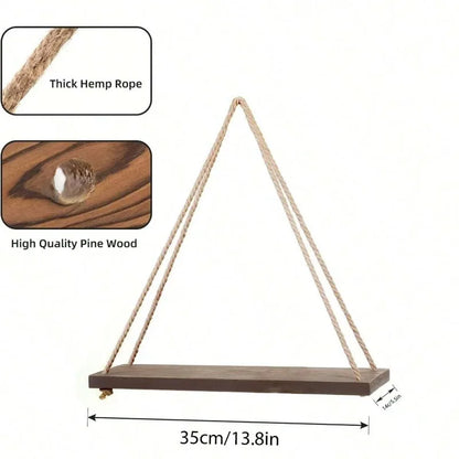 1PC Wooden Swing Hanging Hemp Rope Wall Shelve Mounted Floating Home Living Room Plant Flower Pot Tray Storage Garden Decoration GLOBGRIP®