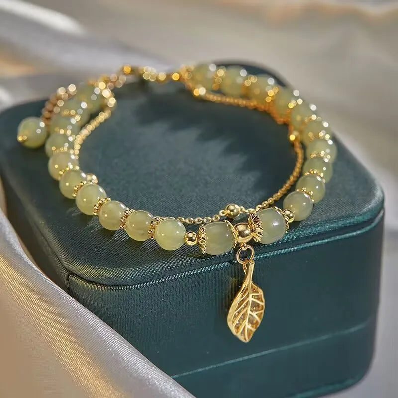 2026Chinese Style Green Jade Bracelet For Women Exquisite Gold Color Leaves Wrist Strap Bangle Double Chain Bracelet Girls Gifts GLOBGRIP®
