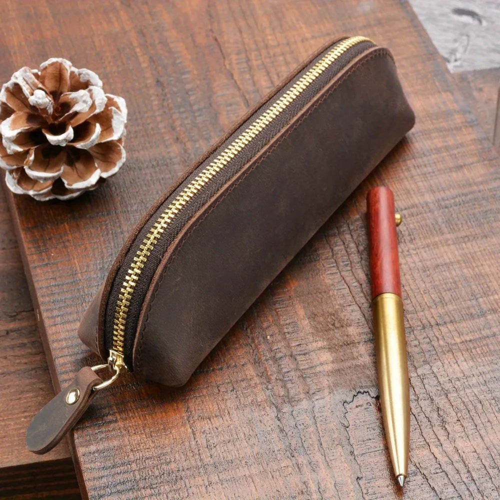 Vintage Leather Pencil Bag Simple Stationery Hoder Pen Case Storage Bag Zipper Pencil Pouch Glasses Box School Supplies GLOBGRIP®