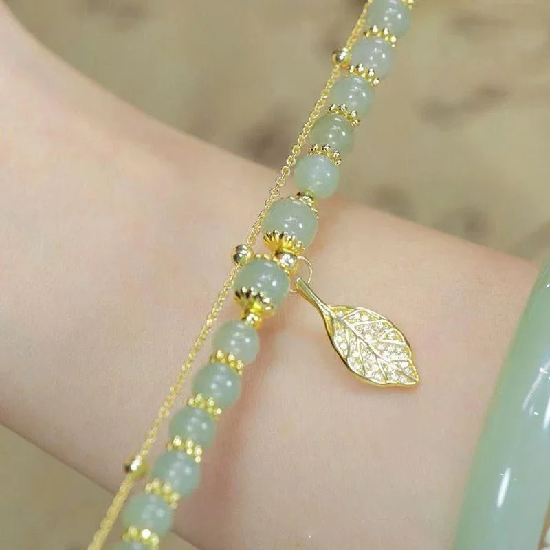2026Chinese Style Green Jade Bracelet For Women Exquisite Gold Color Leaves Wrist Strap Bangle Double Chain Bracelet Girls Gifts GLOBGRIP®