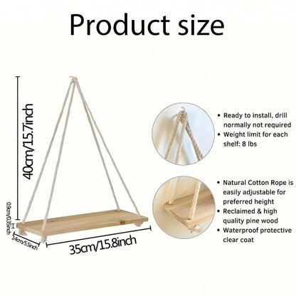 Wooden Swing Hanging Hemp Rope Wall Shelve Mounted Floating Home Living Room Plant Flower Pot Tray Storage Garden Decoration GLOBGRIP®