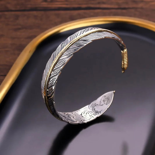 Vintage Carved Pattern Feather Bangle Bracelet Creative Design Opening Adjustable Men and Women's Models GLOBGRIP®