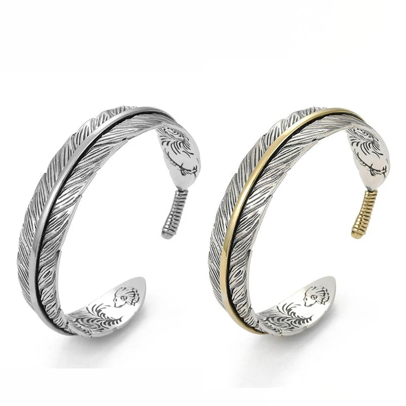Vintage Carved Pattern Feather Bangle Bracelet Creative Design Opening Adjustable Men and Women's Models GLOBGRIP®