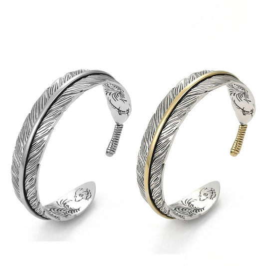 Vintage Carved Pattern Feather Bangle Bracelet Creative Design Opening Adjustable Men and Women's Models GLOBGRIP®