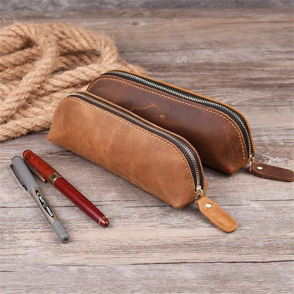 Vintage Leather Pencil Bag Simple Stationery Hoder Pen Case Storage Bag Zipper Pencil Pouch Glasses Box School Supplies GLOBGRIP®