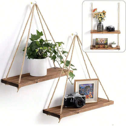 1PC Wooden Swing Hanging Hemp Rope Wall Shelve Mounted Floating Home Living Room Plant Flower Pot Tray Storage Garden Decoration GLOBGRIP®