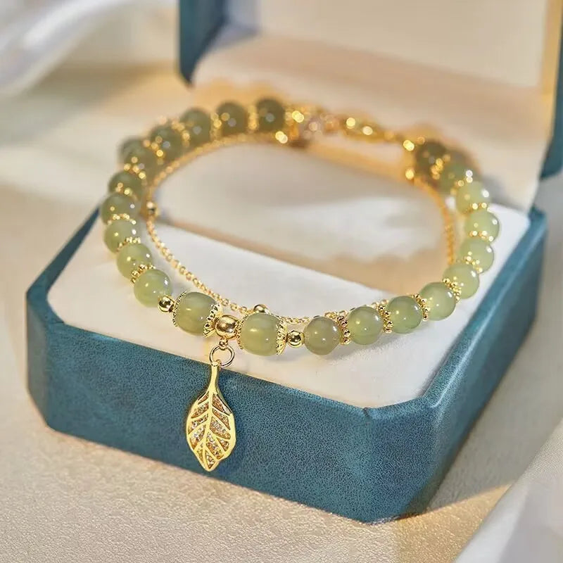 2026Chinese Style Green Jade Bracelet For Women Exquisite Gold Color Leaves Wrist Strap Bangle Double Chain Bracelet Girls Gifts GLOBGRIP®