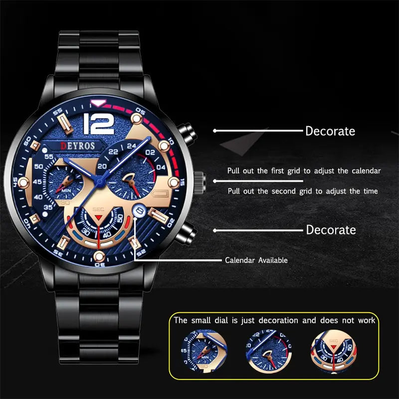 Fashion Mens Stainless Steel Watches Luxury Quartz Wristwatch Calendar Luminous Clock Men Business Casual Watch Reloj Hombre GLOBGRIP®