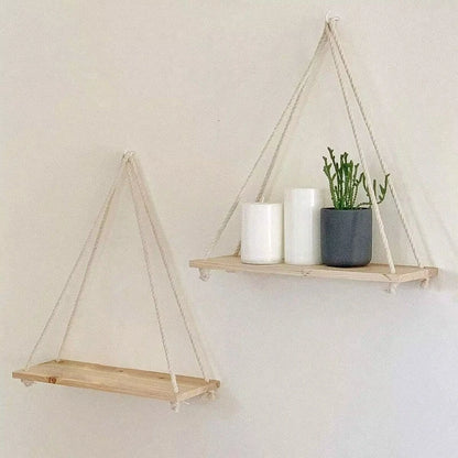 Wooden Swing Hanging Hemp Rope Wall Shelve Mounted Floating Home Living Room Plant Flower Pot Tray Storage Garden Decoration GLOBGRIP®