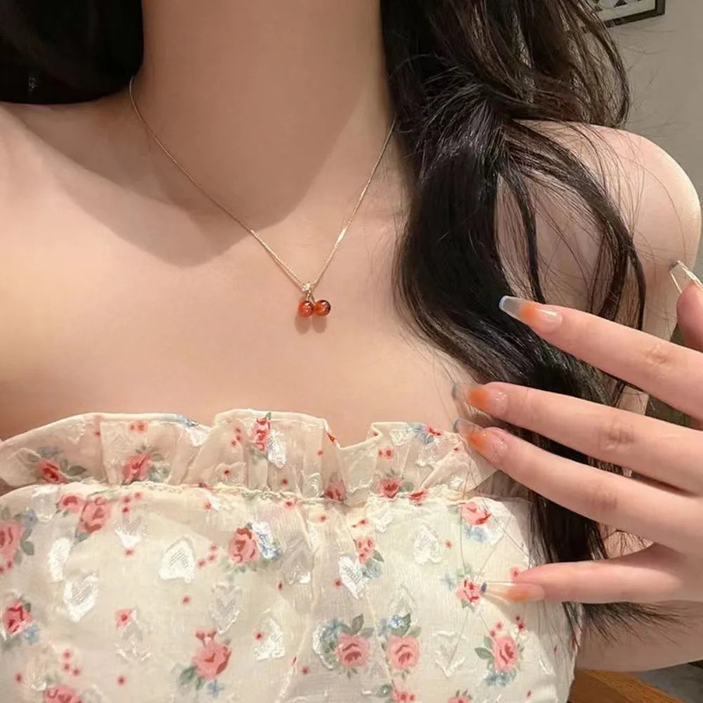 Sweet Red Cherry Pendant Necklace Dangle Stud Earrings Jewelry Set Shiny Gold Chain Zircon Women Trendy Jewelry GLOBGRIP®