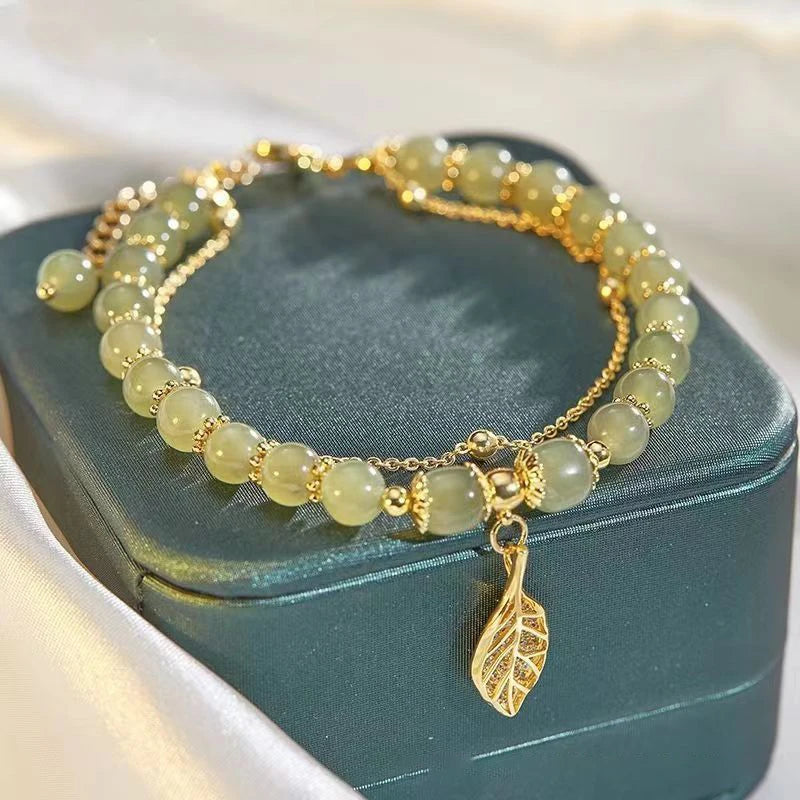 2026Chinese Style Green Jade Bracelet For Women Exquisite Gold Color Leaves Wrist Strap Bangle Double Chain Bracelet Girls Gifts GLOBGRIP®