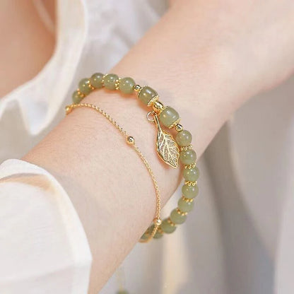2026Chinese Style Green Jade Bracelet For Women Exquisite Gold Color Leaves Wrist Strap Bangle Double Chain Bracelet Girls Gifts GLOBGRIP®