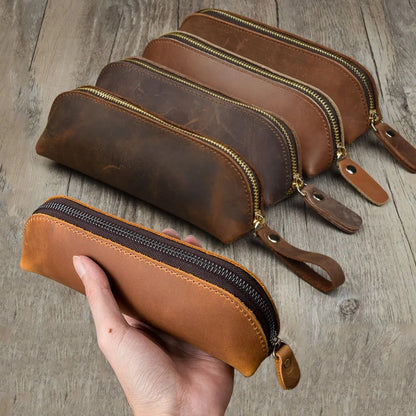 Vintage Leather Pencil Bag Simple Stationery Hoder Pen Case Storage Bag Zipper Pencil Pouch Glasses Box School Supplies GLOBGRIP®