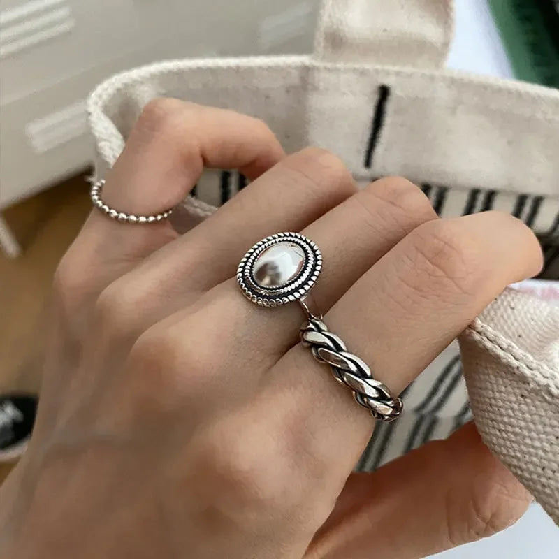925 Sterling Silver Rings Couples Accessories INS Fashion Vintage Twist Design Round Shape Geometric Thai Silver Jewelry GLOBGRIP®