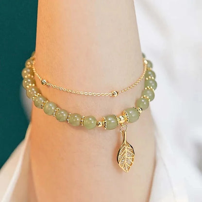 2026Chinese Style Green Jade Bracelet For Women Exquisite Gold Color Leaves Wrist Strap Bangle Double Chain Bracelet Girls Gifts GLOBGRIP®