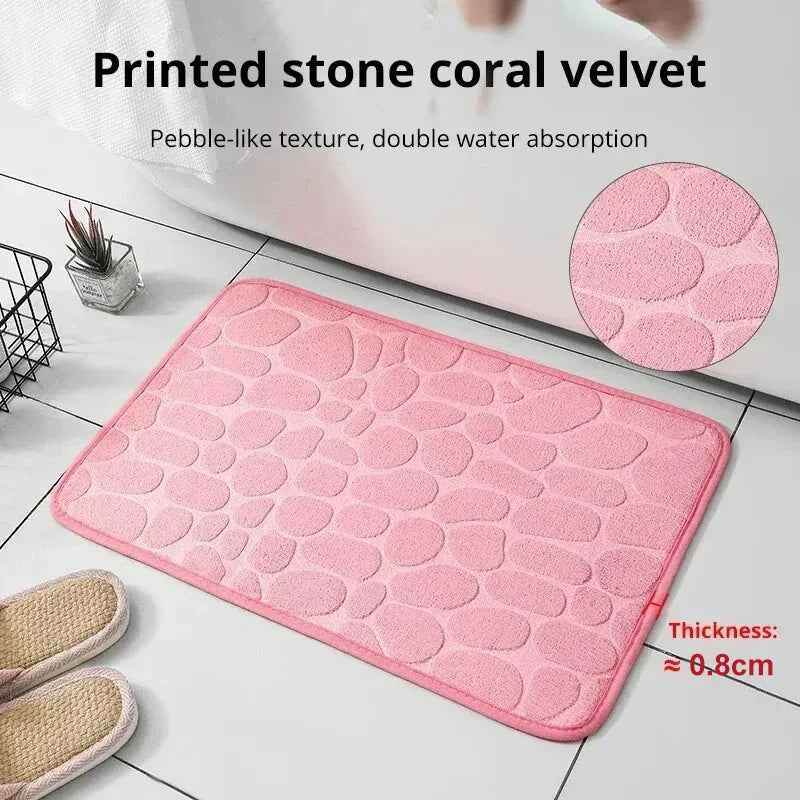 Pink GLOBGRIP anti slip pebble floor mat with printed stone coral velvet texture and water absorption