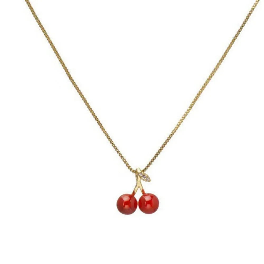 Sweet Red Cherry Pendant Necklace Dangle Stud Earrings Jewelry Set Shiny Gold Chain Zircon Women Trendy Jewelry GLOBGRIP®
