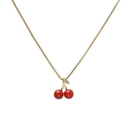 Sweet Red Cherry Pendant Necklace Dangle Stud Earrings Jewelry Set Shiny Gold Chain Zircon Women Trendy Jewelry GLOBGRIP®