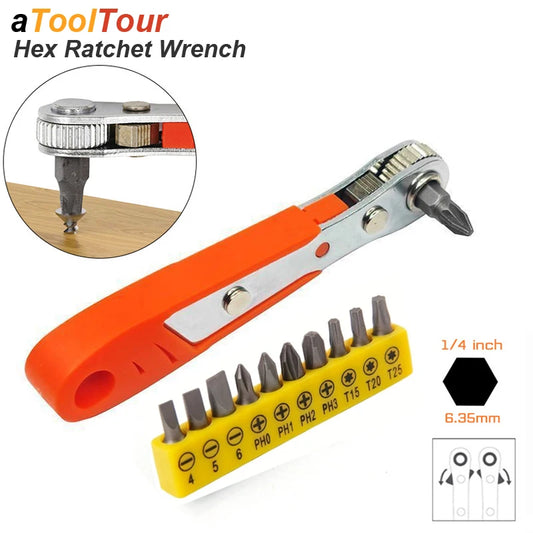 Mini Ratchet Wrench Screwdriver 1/4 Hex Adjustable Quick Release Socket Handle Repair Hand Tool For Car Repair Close Quarters GLOBGRIP®