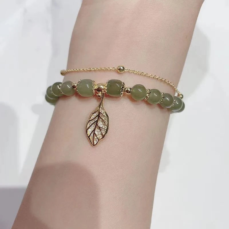 2026Chinese Style Green Jade Bracelet For Women Exquisite Gold Color Leaves Wrist Strap Bangle Double Chain Bracelet Girls Gifts GLOBGRIP®