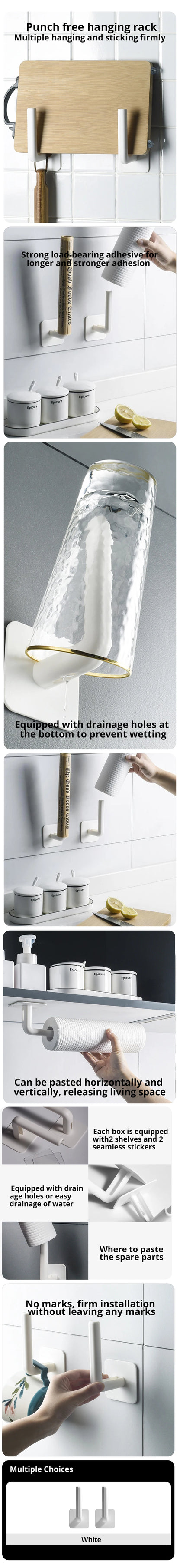 2PCS White Kitchen Hole Free Hook Traceless Storage Rack Shelf Shelves Pot Cover Cup Rack Kitchen Storage Holder GLOBGRIP®