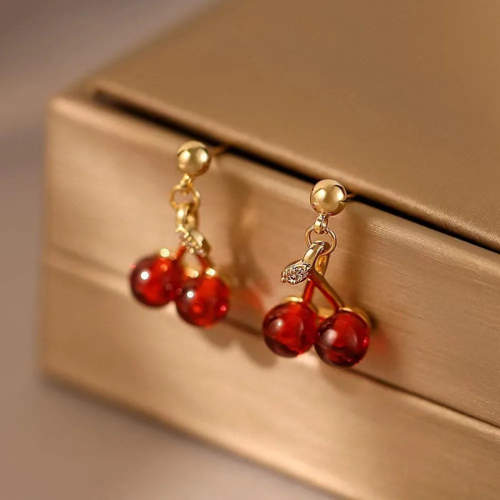 Sweet Red Cherry Pendant Necklace Dangle Stud Earrings Jewelry Set Shiny Gold Chain Zircon Women Trendy Jewelry GLOBGRIP®