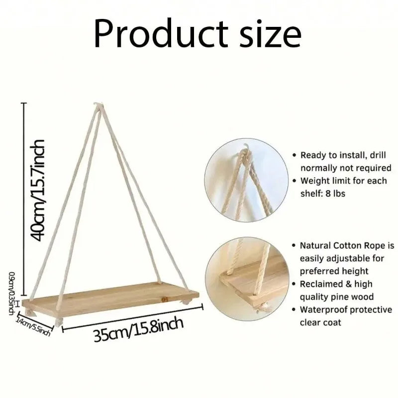 1PC Wooden Swing Hanging Hemp Rope Wall Shelve Mounted Floating Home Living Room Plant Flower Pot Tray Storage Garden Decoration GLOBGRIP®