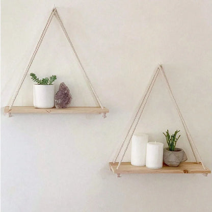 Wooden Swing Hanging Hemp Rope Wall Shelve Mounted Floating Home Living Room Plant Flower Pot Tray Storage Garden Decoration GLOBGRIP®