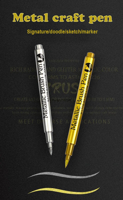 2/1Pc Brush Metallic Marker Pens Gold Silver Color Permanent Art Marker For Manga Crafts Scrapbooking School Stationery Supplies GLOBGRIP®