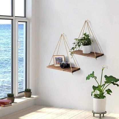Wooden Swing Hanging Hemp Rope Wall Shelve Mounted Floating Home Living Room Plant Flower Pot Tray Storage Garden Decoration GLOBGRIP®