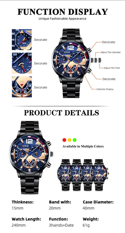 Fashion Mens Stainless Steel Watches Luxury Quartz Wristwatch Calendar Luminous Clock Men Business Casual Watch Reloj Hombre GLOBGRIP®