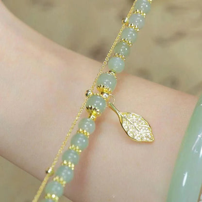2026Chinese Style Green Jade Bracelet For Women Exquisite Gold Color Leaves Wrist Strap Bangle Double Chain Bracelet Girls Gifts GLOBGRIP®